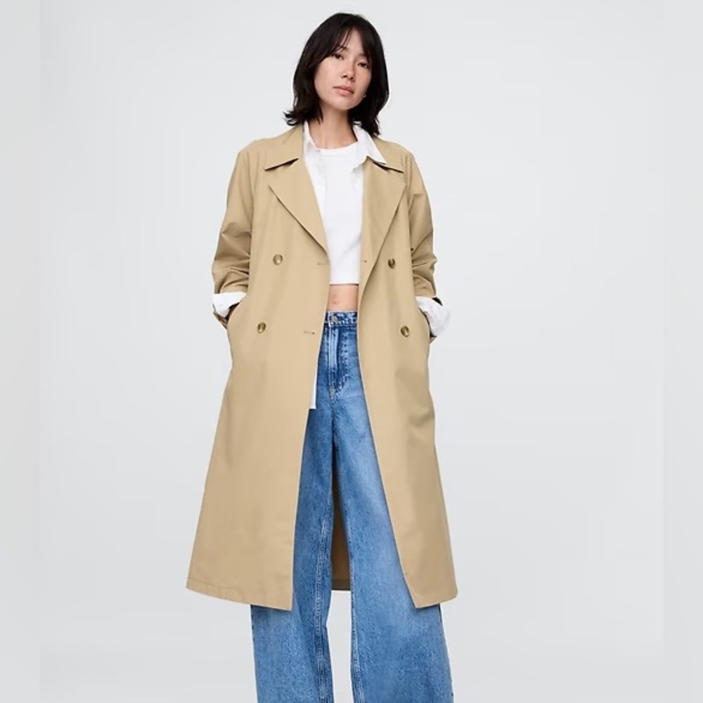 GAP Tan Long Double-Breasted Trench Coat